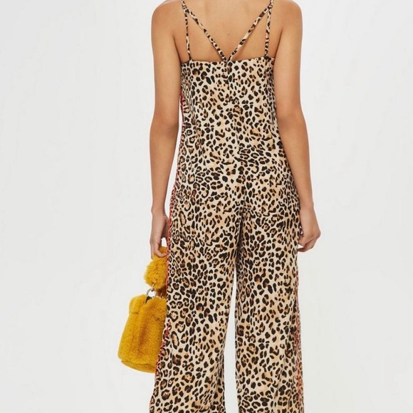 Leopard Print Jumpsuit Topshop Wide Leg Cropped with Red Stripe Sides - Picture 3 of 17